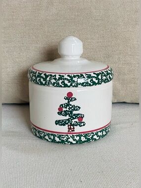 Vintage Furio Home Ceramic Christmas Tree Sugar Bowl with Lid Holiday Spongeware